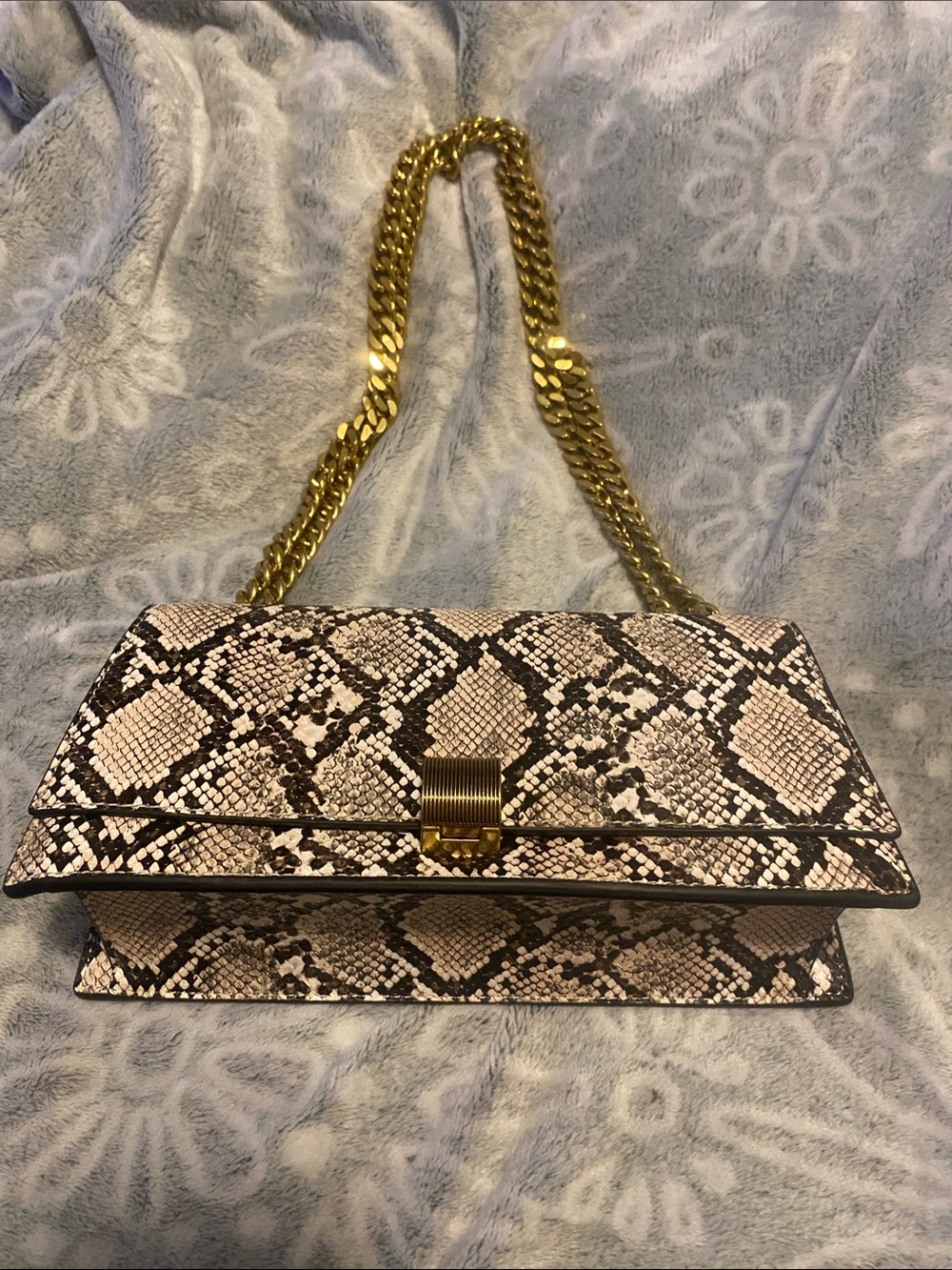 Charles & Keith Snake-Print Shoulder Bag with Gold Chain - Natural/Black
